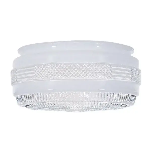 This versatile 8-3/8" drum shade combines traditional white glass with contemporary clear sides and bottom, creating soft, diffused light perfect for bathrooms, kitchens, and hallways. The compact size works well in smaller spaces.