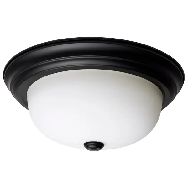 This 13-inch transitional flush mount combines a sleek matte black finish with opal glass for soft, even lighting. Perfect for low-ceiling spaces, it delivers functional illumination without visual glare.