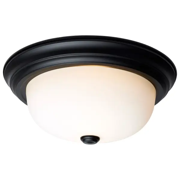 This 13-inch transitional flush mount combines a sleek matte black finish with opal glass for soft, even lighting. Perfect for low-ceiling spaces, it delivers functional illumination without visual glare. - alternate view