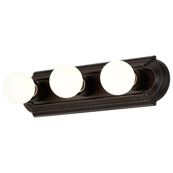 This 18-inch vanity light combines traditional styling with practical illumination. The racetrack design features three lights that cast soft, even lighting perfect for grooming tasks. Available in six finish options to match any décor. - alternate view