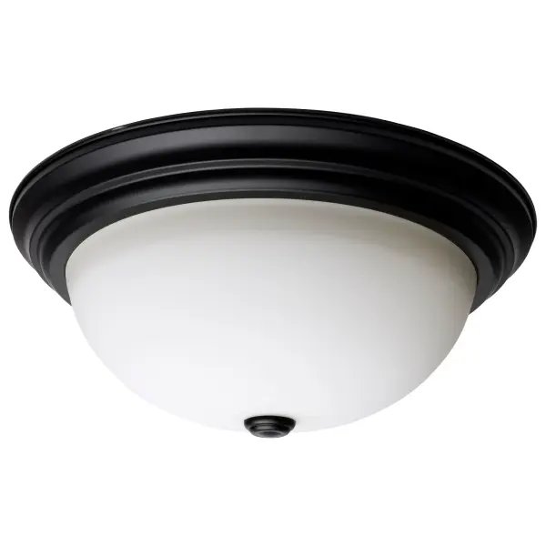 This 15-inch transitional flush mount combines matte black styling with opal glass for soft, even lighting. Perfect for residential and multi-family applications where low-profile design meets functional illumination.