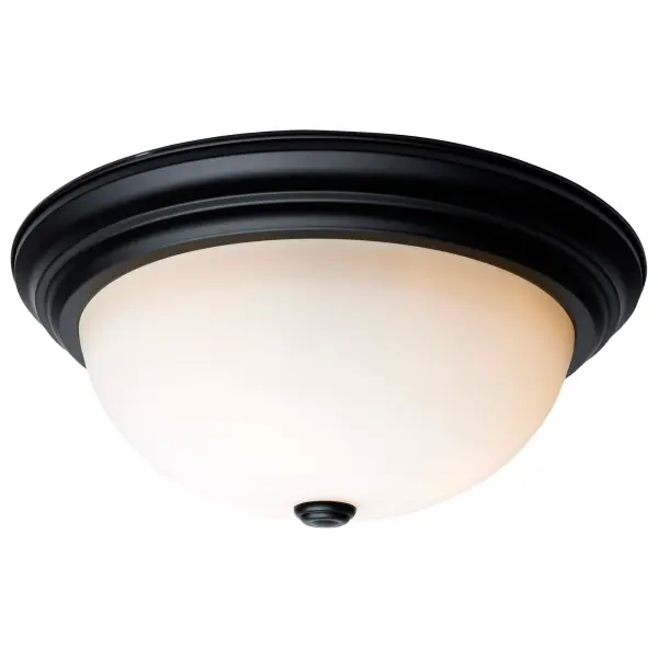 This 15-inch transitional flush mount combines matte black styling with opal glass for soft, even lighting. Perfect for residential and multi-family applications where low-profile design meets functional illumination. - alternate view