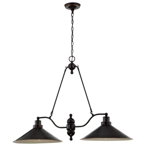The Bridgeview brings authentic Mission/Craftsman design to your kitchen island with its distinctive cone shades and aged bronze finish. The 40-inch linear design provides excellent task lighting while copper edge detailing adds vintage charm.