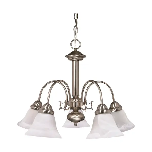 The Ballerina chandelier combines classic design with versatile styling. Five alabaster glass bell shades provide warm, diffused light while the brushed nickel finish adds sophistication to any space.