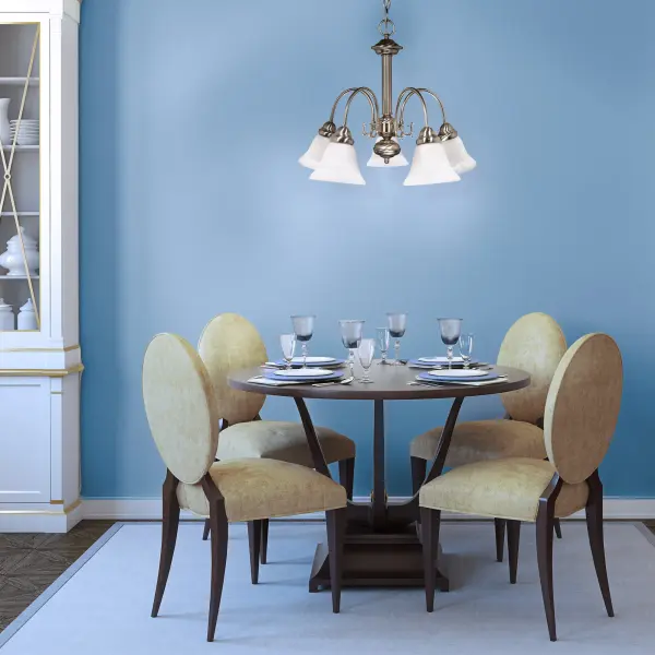 The Ballerina chandelier combines classic design with versatile styling. Five alabaster glass bell shades provide warm, diffused light while the brushed nickel finish adds sophistication to any space. - alternate view