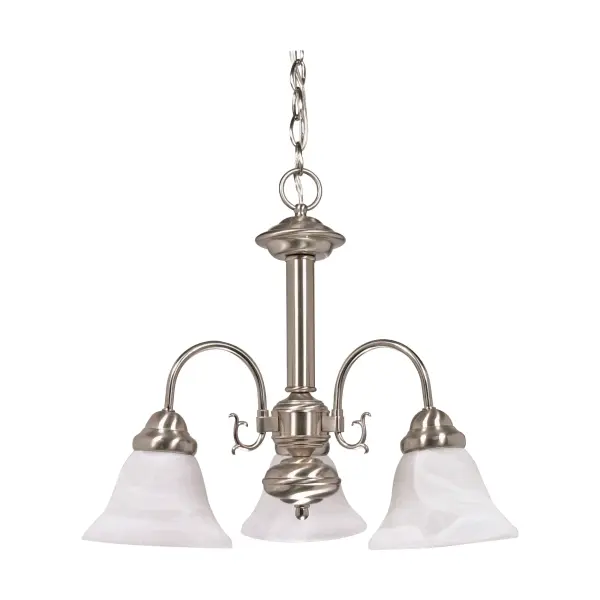 The Ballerina chandelier combines classic design with practical elegance. Its brushed nickel finish and alabaster glass bell shades create soft, diffused lighting perfect for intimate spaces.