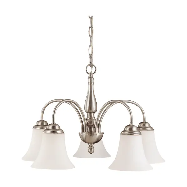 The Dupont 5-Light Chandelier delivers exceptional value with its finely crafted satin white glass shades and brushed nickel finish. Perfect for transitional spaces, it combines traditional charm with contemporary simplicity.