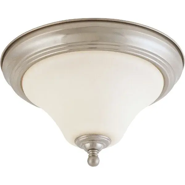The Dupont flush mount delivers exceptional value with its brushed nickel finish and satin white glass shade. Perfect for low-ceiling spaces, this 11-inch fixture provides reliable illumination with timeless appeal.
