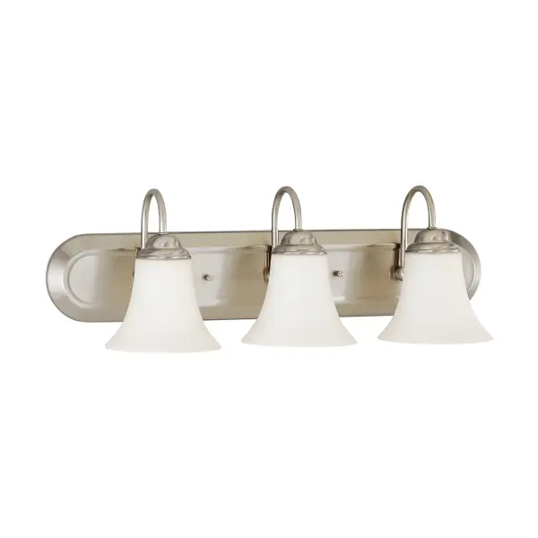 The Dupont 3-Light Vanity combines quality construction with accessible pricing. Featuring satin white glass shades and a brushed nickel finish, this fixture delivers reliable bathroom lighting with transitional style.