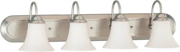 The Dupont vanity light delivers exceptional value with its brushed nickel finish and satin white glass shades. Perfect for bathrooms needing ample illumination, this 4-light fixture combines transitional styling with practical functionality.