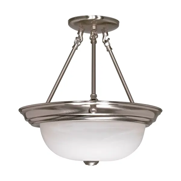This 13-inch semi-flush mount combines brushed nickel with soft alabaster glass for versatile appeal. Perfect for rooms with lower ceilings, it delivers traditional elegance with contemporary simplicity.