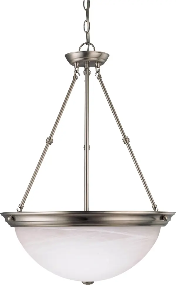 This 3-light pendant combines brushed nickel hardware with classic alabaster glass shades, creating a versatile fixture that bridges traditional and contemporary design. At 20 inches wide, it provides substantial presence without overwhelming the space.