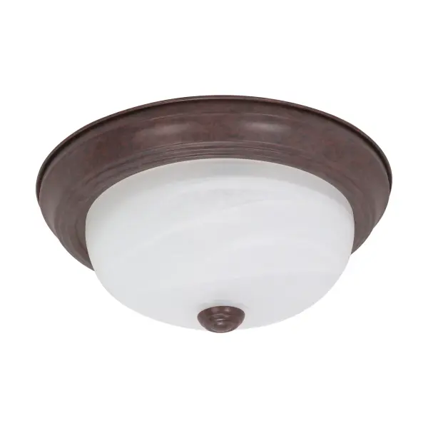 This 13-inch flush mount combines traditional old bronze finish with soft alabaster glass for elegant ambient lighting. Perfect for rooms with standard ceiling heights where a low-profile fixture is needed.