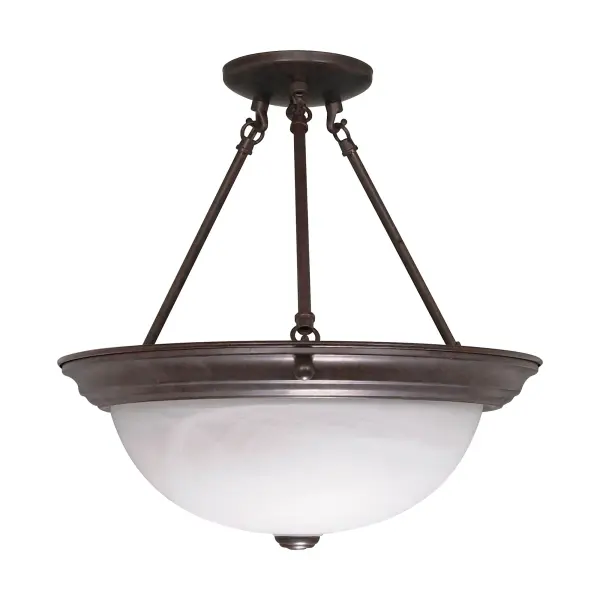 This 3-light semi-flush mount combines traditional old bronze finish with soft alabaster glass for elegant ambient lighting. Perfect for rooms with standard ceiling heights where a full pendant won't fit.