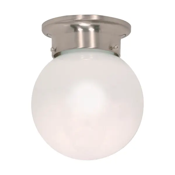 This 6-inch flush mount delivers clean, functional lighting in a classic ball globe design. The brushed nickel and white glass combination works seamlessly in transitional to contemporary interiors, making it ideal for hallways, bathrooms, and closets.