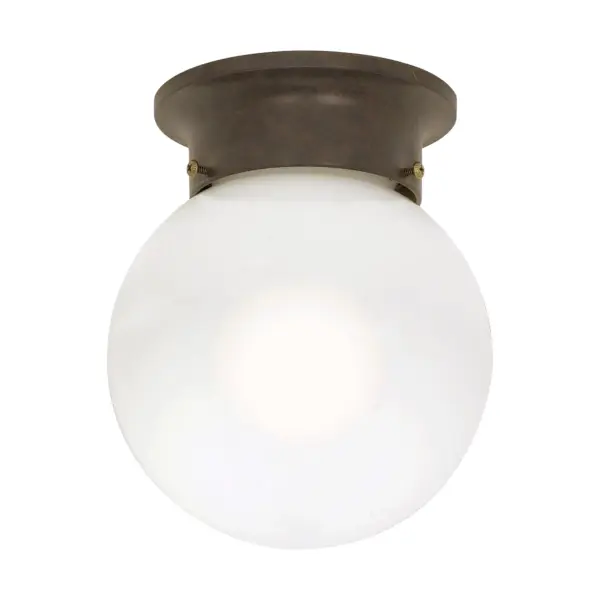 This 6-inch ball-shaped flush mount combines traditional bronze finish with clean white glass, making it ideal for hallways, bathrooms, and closets where space is limited but style matters.