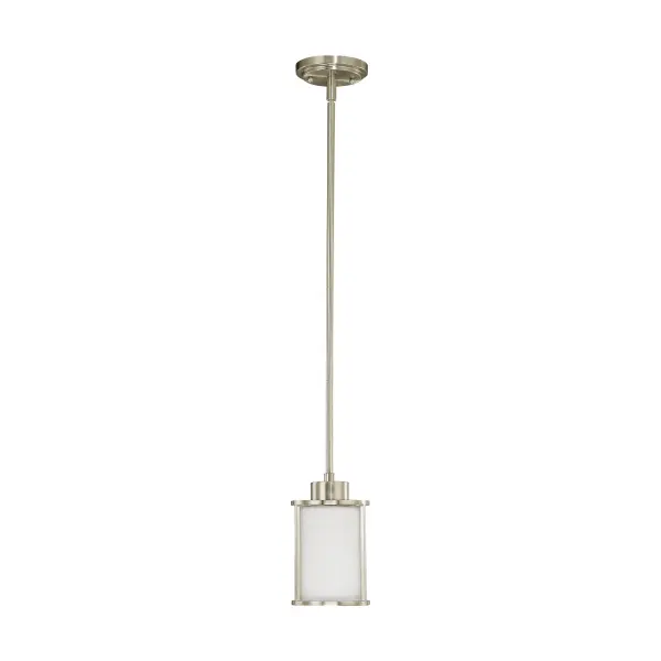The Odeon mini pendant brings Art Deco elegance to compact spaces with its geometric design and satin white glass shade. The brushed nickel finish offers versatility while the clean mounting hardware ensures a polished look.