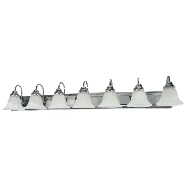The Ballerina vanity fixture combines polished chrome with alabaster glass bell shades for a sophisticated traditional look. At 48 inches wide, it provides ample illumination for large bathroom vanities and mirrors.