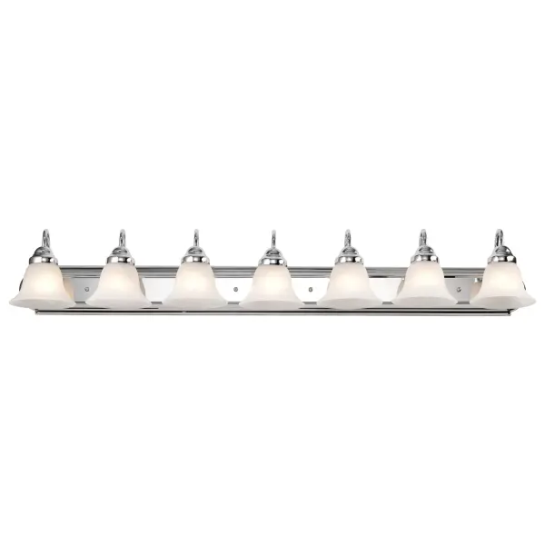 The Ballerina vanity fixture combines polished chrome with alabaster glass bell shades for a sophisticated traditional look. At 48 inches wide, it provides ample illumination for large bathroom vanities and mirrors. - alternate view