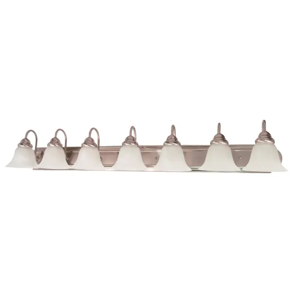 The Ballerina vanity fixture combines traditional elegance with practical illumination. Its 48-inch span and seven alabaster glass bell shades provide ample lighting for spacious bathrooms, while the brushed nickel finish adds timeless sophistication.