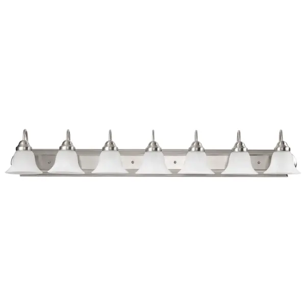 The Ballerina vanity fixture combines traditional elegance with practical illumination. Its 48-inch span and seven alabaster glass bell shades provide ample lighting for spacious bathrooms, while the brushed nickel finish adds timeless sophistication. - alternate view