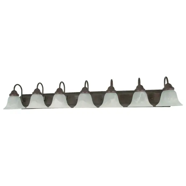 The Ballerina vanity fixture combines old bronze elegance with alabaster glass bell shades, creating sophisticated illumination across 48 inches. Perfect for large bathrooms and master suites requiring ample lighting coverage.