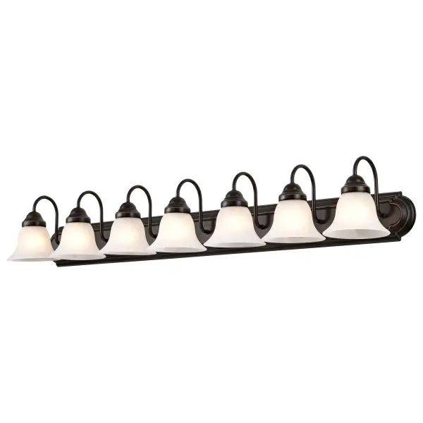 The Ballerina vanity fixture combines old bronze elegance with alabaster glass bell shades, creating sophisticated illumination across 48 inches. Perfect for large bathrooms and master suites requiring ample lighting coverage. - alternate view