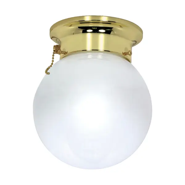 A traditional 6-inch ball-shaped flush mount combining polished brass accents with white glass. The integrated pull chain offers convenient on/off control, making it ideal for utility spaces and compact rooms.