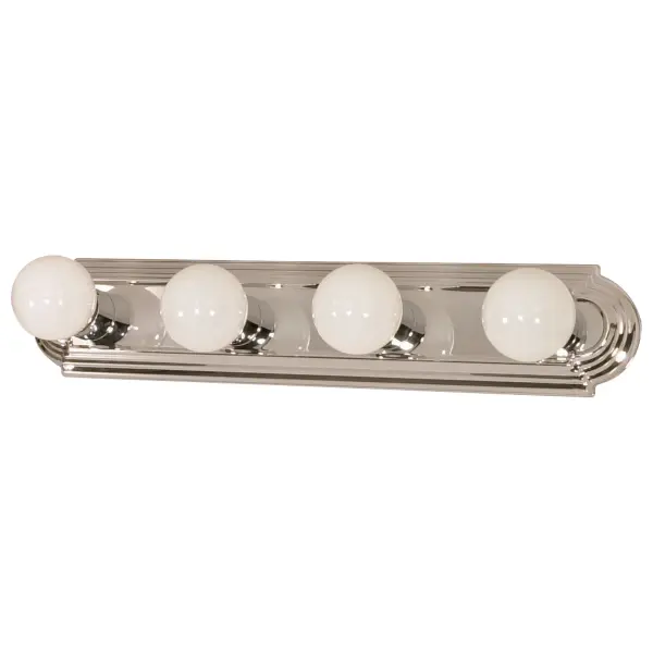 This 24-inch vanity light combines traditional styling with practical illumination. The racetrack design features four globe lights that provide even, flattering light perfect for grooming tasks. Available in multiple finishes.