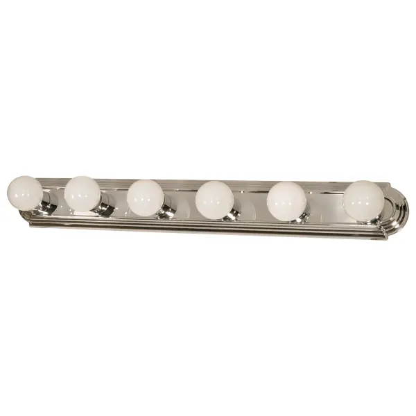 This 36-inch racetrack vanity light combines traditional styling with practical functionality. Six 100-watt bulbs provide ample illumination for grooming tasks, while the polished chrome finish adds timeless elegance to any bathroom.