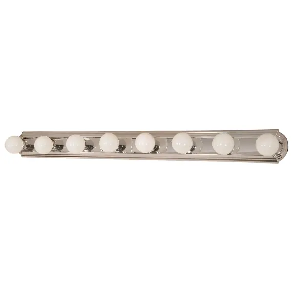 This 48-inch racetrack vanity light combines traditional styling with practical functionality. Eight 100-watt bulbs provide ample illumination for grooming tasks, while the polished chrome finish adds timeless elegance.
