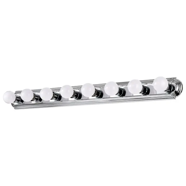 This 48-inch racetrack vanity light combines traditional styling with practical functionality. Eight 100-watt bulbs provide ample illumination for grooming tasks, while the polished chrome finish adds timeless elegance. - alternate view