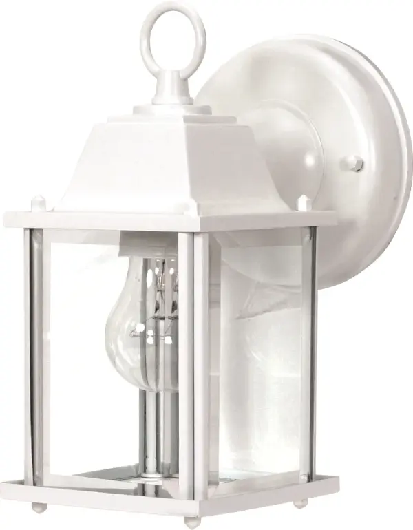This compact 8-5/8 inch wall lantern combines traditional cube styling with clear beveled glass panels. The white finish offers versatile appeal for various exterior settings, from front porches to garage entries.