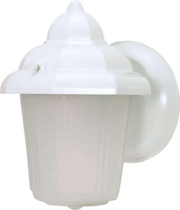 A timeless outdoor wall lantern featuring a traditional hood design with satin frosted glass. The clean white finish and compact 8-7/8 inch size make it ideal for porches, patios, and entryways seeking classic charm.
