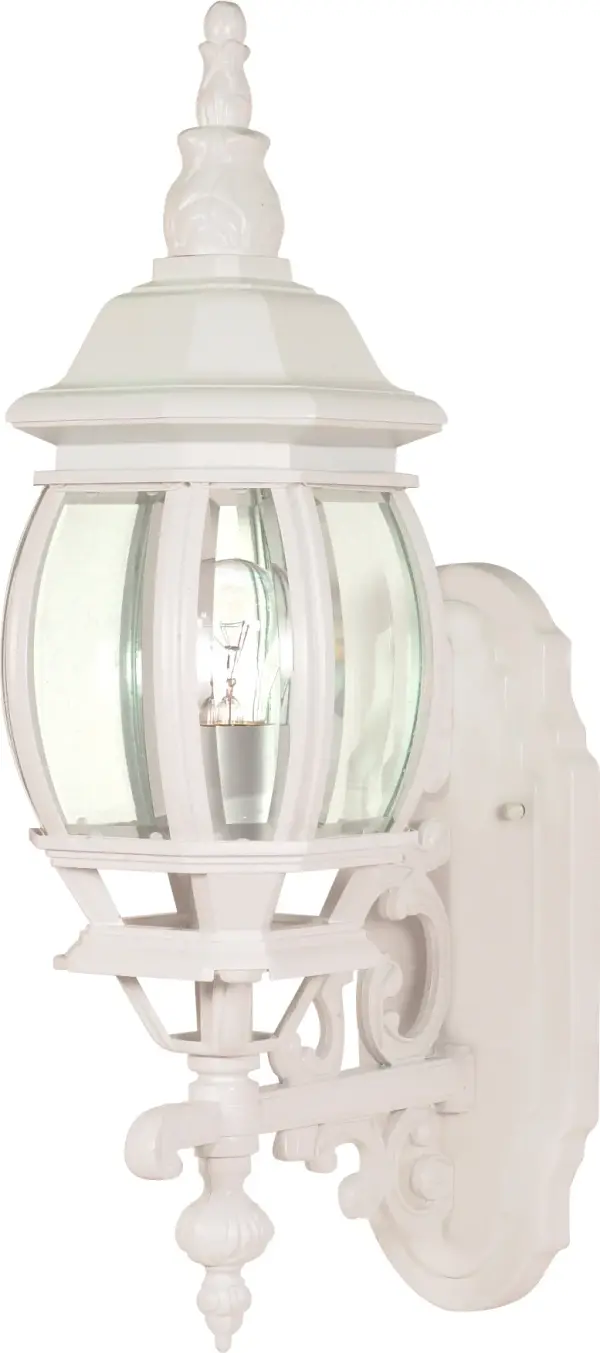 The Central Park wall lantern combines traditional styling with clear beveled glass for a sophisticated outdoor lighting solution. At 20 inches tall, it provides substantial presence and illumination for entryways and porches.