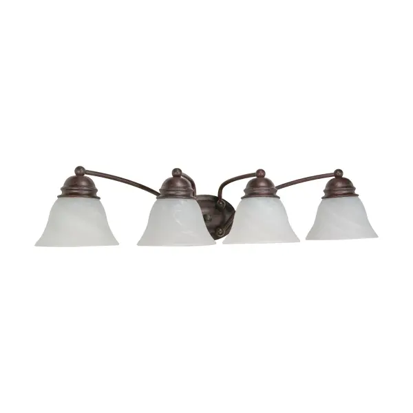 The Empire 4-light vanity combines timeless old bronze finish with soft alabaster glass bell shades, creating sophisticated bathroom lighting. At 29 inches wide, it's perfectly sized for medium vanities and delivers warm, diffused illumination.