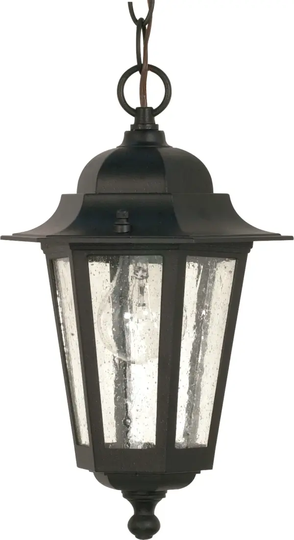 The Cornerstone hanging lantern brings traditional elegance to outdoor spaces with its 13-inch profile and clear seeded glass. Perfect for porches, patios, and entryways, this fixture combines classic design with durable outdoor construction.
