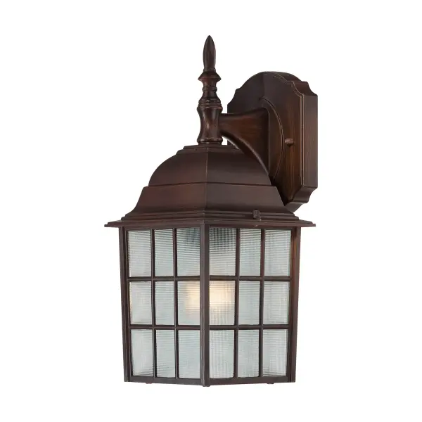 The Adams outdoor wall sconce combines traditional styling with practical outdoor lighting. Its 14-inch height and frosted glass shade provide welcoming illumination for porches, patios, and entryways.
