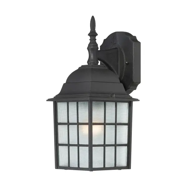 The Adams outdoor wall sconce combines traditional styling with practical outdoor lighting. Its 14-inch profile and frosted glass shade provide ambient illumination for entryways, porches, and patios.