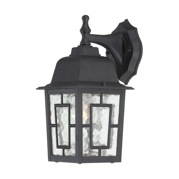 The Banyan outdoor wall sconce combines a classic black finish with clear water glass for a timeless look. At 12 inches, it's perfectly sized for entryways, porches, and patios, offering reliable outdoor illumination.