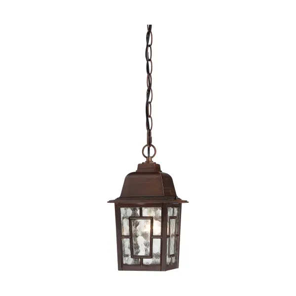 The Banyan outdoor hanging lantern combines traditional styling with durable construction. Its bronze finish and clear water glass create an inviting ambiance for covered outdoor spaces and entryways.