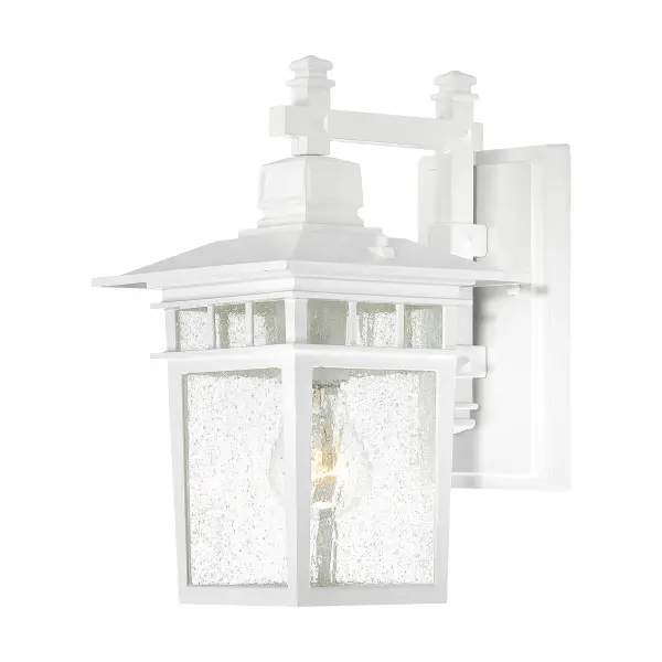 The Cove Neck outdoor wall lantern combines traditional design with coastal elegance. Its 12-inch profile and clear seeded glass create beautiful light patterns while the white finish complements various exterior styles.