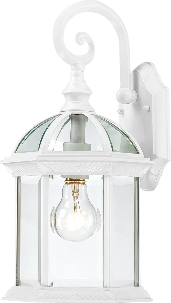 The Boxwood outdoor wall lantern combines traditional styling with clear seeded glass for a sophisticated exterior accent. Its 15-inch height provides substantial presence while the white finish offers versatile coordination.