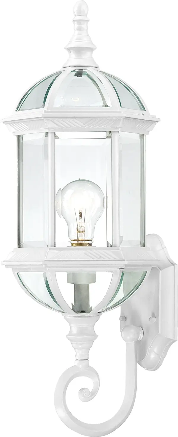 The Boxwood 22-inch outdoor wall sconce combines traditional styling with durable construction. Its white finish and clear beveled glass create a welcoming entrance while providing reliable outdoor illumination.