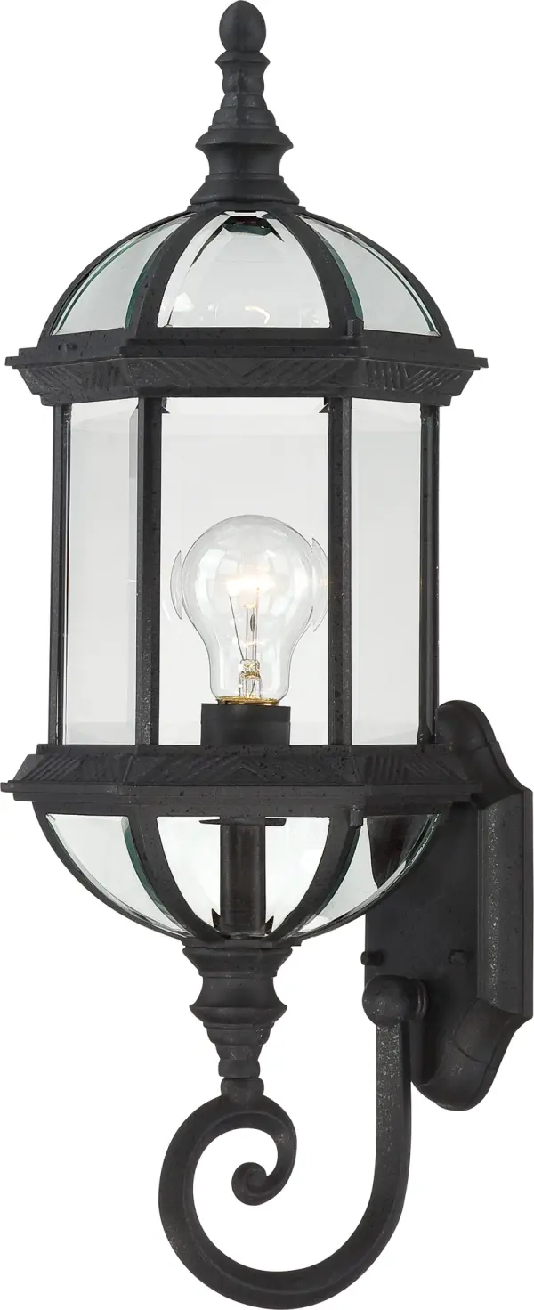 The Boxwood 22-inch outdoor wall sconce combines traditional styling with durable construction. Its clear beveled glass panels and black finish create an elegant entrance lighting solution for homes and commercial spaces.