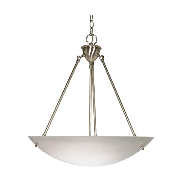 This 23-inch pendant combines traditional alabaster glass with contemporary brushed nickel hardware, creating a versatile fixture that complements multiple design schemes. The bowl design provides soft, diffused lighting ideal for dining and gathering spaces.