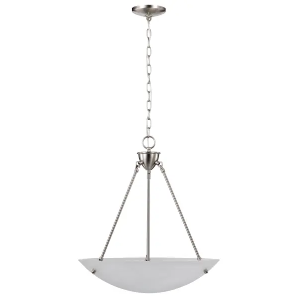 This 23-inch pendant combines traditional alabaster glass with contemporary brushed nickel hardware, creating a versatile fixture that complements multiple design schemes. The bowl design provides soft, diffused lighting ideal for dining and gathering spaces. - alternate view