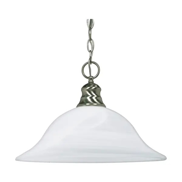 This 16-inch alabaster glass dome pendant combines traditional elegance with contemporary versatility. The brushed nickel finish and soft alabaster glass create warm, diffused lighting perfect for dining and living spaces.