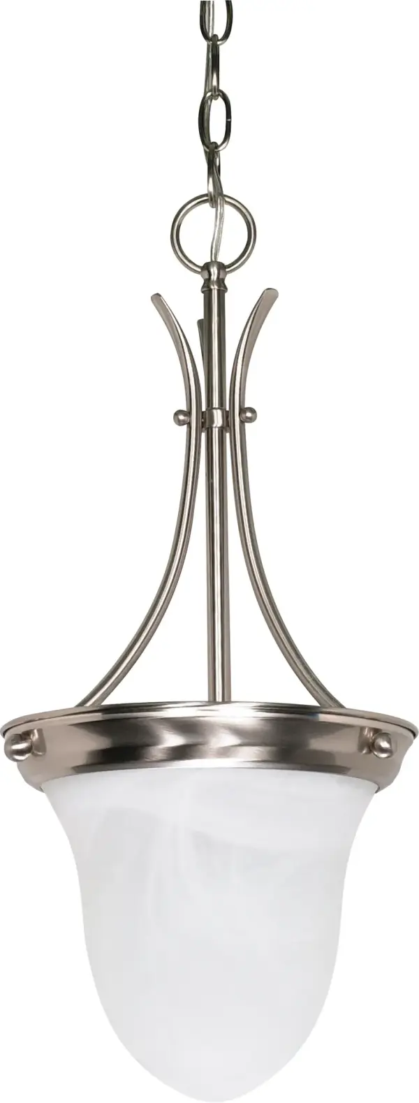 This sophisticated 10-inch bell pendant combines classic alabaster glass with brushed nickel hardware for versatile style. Perfect for intimate dining spaces, kitchen islands, or entryways where elegant lighting is desired.