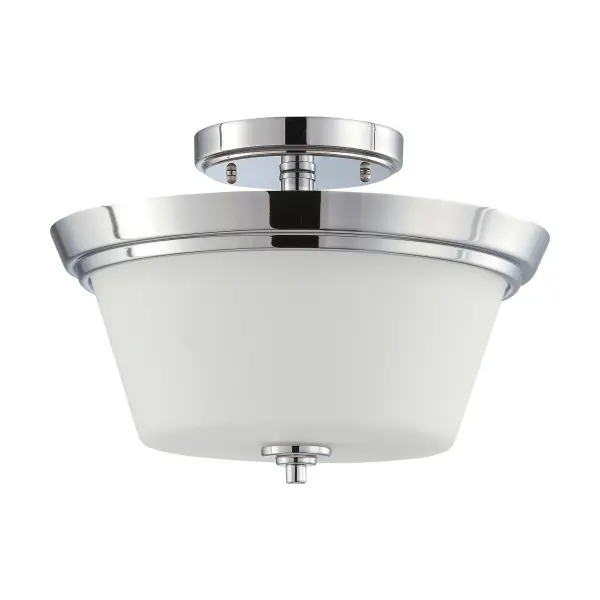 The Bento semi-flush mount delivers understated elegance with its polished chrome frame and square satin white glass shades. Perfect for spaces needing low-profile lighting with modern appeal.